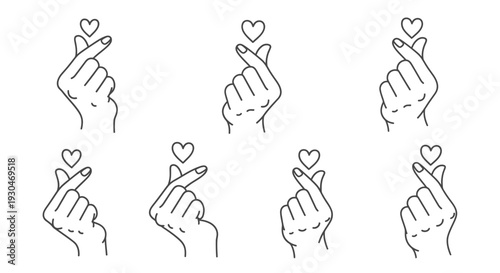 Three sets of hands making heart shapes with fingers a simple silhouette