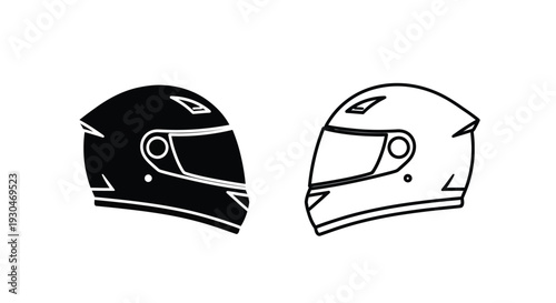Two racing helmet depictions one solid one outlined silhouette