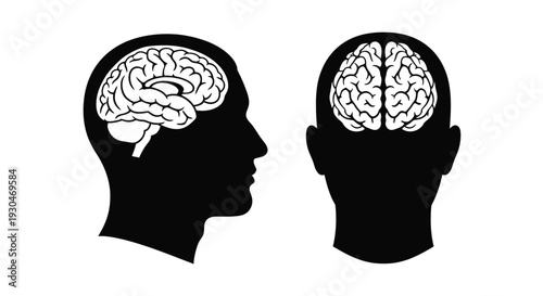 Human heads displaying brain imagery in a stark silhouette