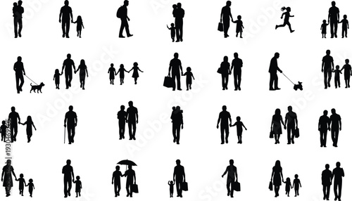 Family silhouettes showing adults and children walking, shopping, caregiving, companionship, daily life, social interaction, parenting, and lifestyle vector illustration.