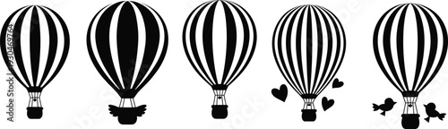Black hot air balloon silhouette collection with hearts and birds minimalist vector illustration for travel romance adventure concept isolated on white background