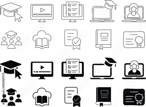 Set of online education icons in outline and solid styles for web and app design