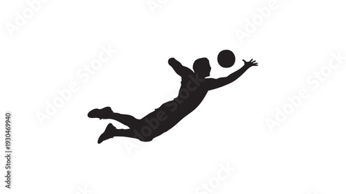 Vector silhouette illustration of a dedicated soccer goalkeeper leaping acrobatically through the air attempting to save the ball with outstretched hands