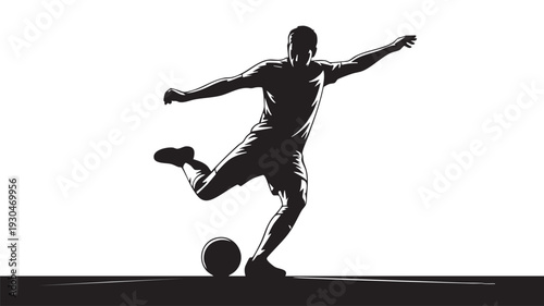 Striking black and white vector graphic illustration depicts a powerful soccer player executing a dynamic shot against a clean white background ideal for sports design.