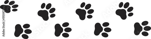 Black paw print silhouette pattern set minimalist vector illustration for pet care animal tracking logo design isolated on white background