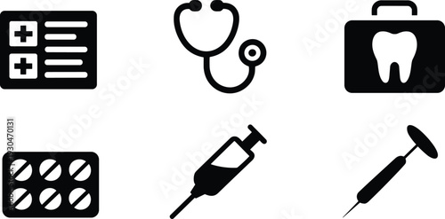 Medical icons vector set including stethoscope, syringe, pills, dental tools, chart, and healthcare symbols for hospital, clinic, and wellness