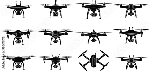 Black silhouette drone collection vector illustration set with quadcopter UAV camera isolated on gray background modern technology design bundle