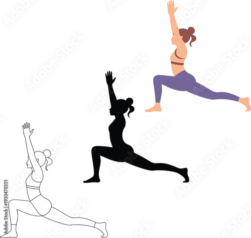Flat vector illustration of a woman in yoga lunge pose including line art silhouette and color versions cad drawing flat.