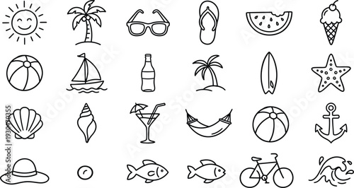 Summer Beach Vacation doodle vector Icon Set Thin Line