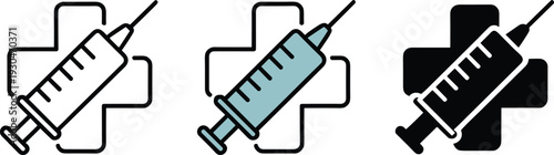 Medical syringe cross icon set vector illustration showing vaccination injection healthcare design in outline colored silhouette styles for hospitals