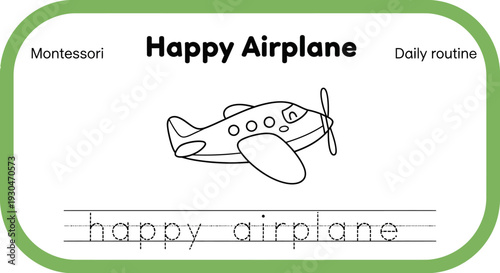 Montessori Happy Airplane Traceable Worksheet for Kids Learning English Alphabet