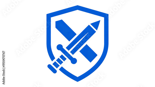 A 3d digital illustration of a blue coat of arms shield with swords as a vector business icon and web symbol concept