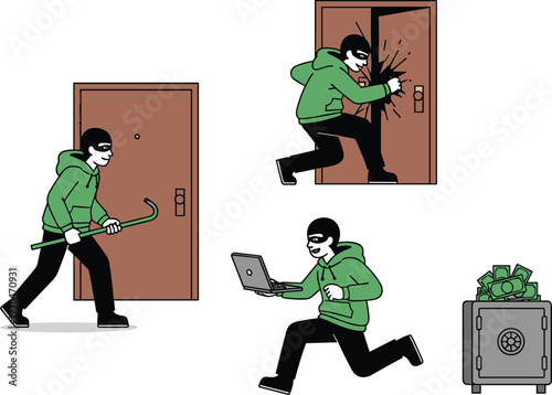 Cartoon burglar breaking into house vector illustration set thief hacking laptop stealing money safe crime scene isolated on background
