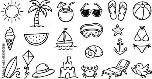 Summer Beach Outline Icon Set Vector Collection. summer doodle vector