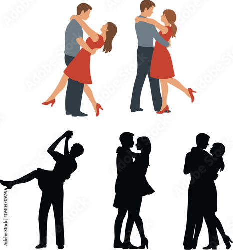 Flat vector illustration of romantic couples dancing including ballroom and dip poses with black silhouette versions cad drawing flat vector.