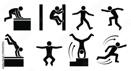 Vector graphic illustration depicting various human movements, actions, and challenging sports like parkour and gymnastics.