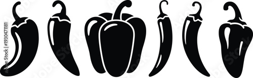 Chili pepper silhouette collection with hot spicy vegetable shapes minimalist vector illustration for food cooking logo design isolated on white background