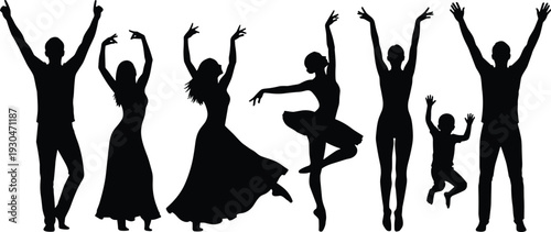 Vector silhouettes of dancing people in joyful poses, expressive movements, ballet, celebration, freedom, and artistic performance illustration design