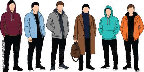 Flat vector illustration of men in casual winter and autumn outfits including hoodies jackets and long coats cad drawing flat.