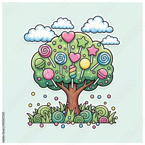 Candy Tree with Colorful Sweets and Decorations.