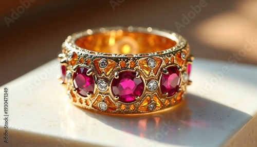 Detailed gold ring with ruby and diamond gems on white surface. Luxurious jewelry for special occasion or anniversary.
