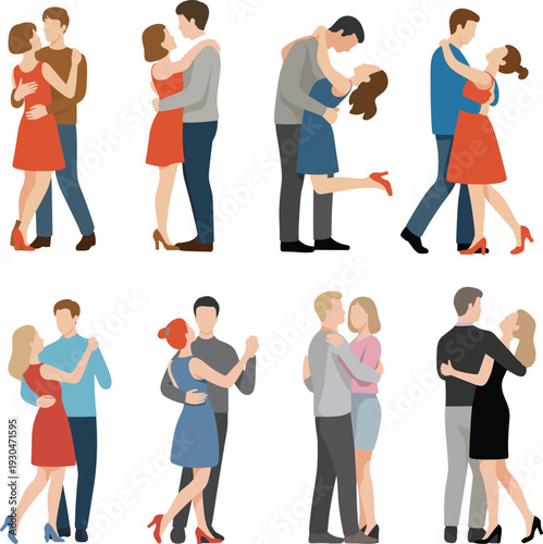 Flat vector illustration of various romantic couples dancing together, including ballroom, slow dance, and dip poses, cad drawing flat vector illustration.