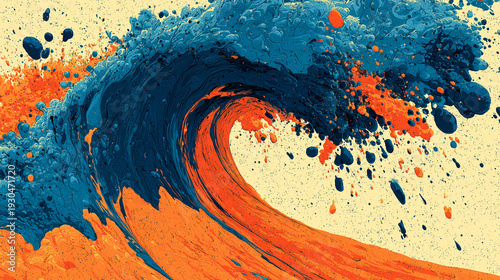 オレンジとブルーのダイナミックな抽象ウェーブ｜エネルギッシュなペイント背景
