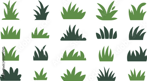Assortment of green grass tufts in a grid layout plant