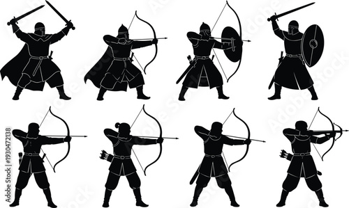 Collection of medieval warrior and archer silhouettes in battle poses isolated on white background, knight vector illustration set