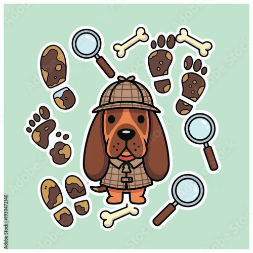 Cartoon Dog Detective with Footprints and Magnifying Glass.