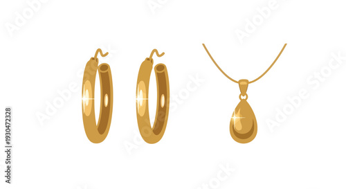 Golden hoop earrings and a crescent pendant necklace displayed on white