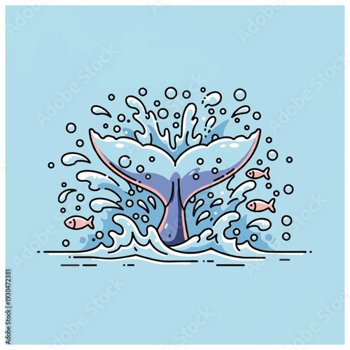 Whale Tail Splashing Water Ocean Scene.