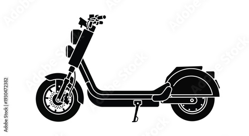 A black and white silhouette of an electric scooter in profile view