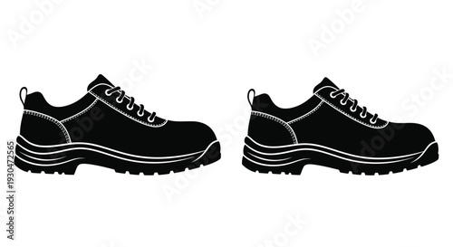 Two black silhouettes of work boots side view on a white background