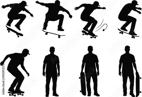 Collection of skateboarder silhouettes performing tricks and standing with board isolated on white background, urban sport vector illustration set