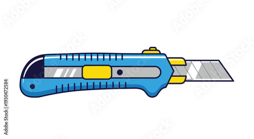 Illustration of a blue and yellow retractable utility knife on a white background