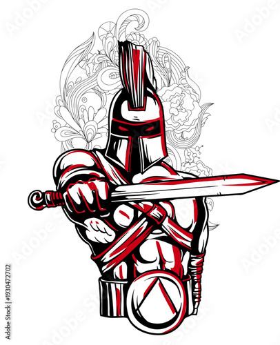 Spartan Warrior Vector Illustration with Gladius Sword and Corinthian Helmet - High Contrast Ancient Greek Soldier Graphic with Red Accents and Floral Doodle Background