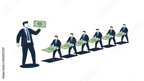 Confident manager leads a line of professional employees who are each carrying a giant green banknote in a synchronized movement.