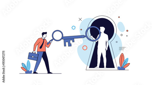 Businessman carrying a briefcase holds a large magnifying glass key as he walks towards a giant keyhole to unlock a new opportunity.