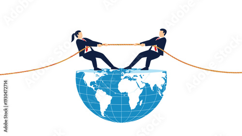 Man and woman in professional suits pull against each other in a tug of war while balanced on the top of a blue globe.