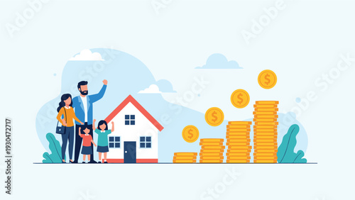 Happy family stands together in front of their new house next to large rising stacks of gold coins representing home savings.