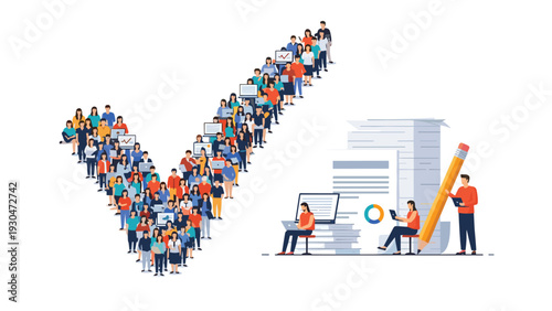 Large crowd of people forms the shape of a giant checkmark next to a workstation with a pile of documents and a large yellow pencil.