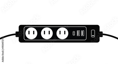 Black and white illustration of a power strip with multiple outlets