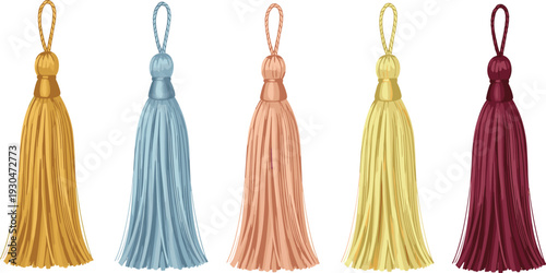 Colorful decorative tassel vector set with fabric fringe ornaments isolated for interior design textile craft luxury decor and traditional accessories