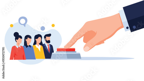 Large hand reaches down to press a red start button to control or activate a group of four diverse and ready professional employees.
