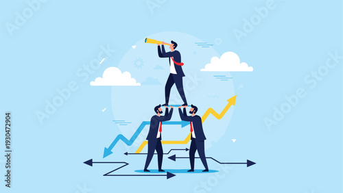 Two businessmen supporting their leader who is looking through a telescope on their shoulders to find the right strategic path.