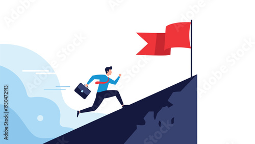 Determined businessman running up a steep mountain hill to reach a red flag representing ultimate success and goal attainment.
