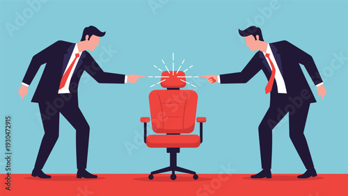 Two competitive businessmen pointing fingers at a single red office chair representing a conflict over a promotion or new job role.