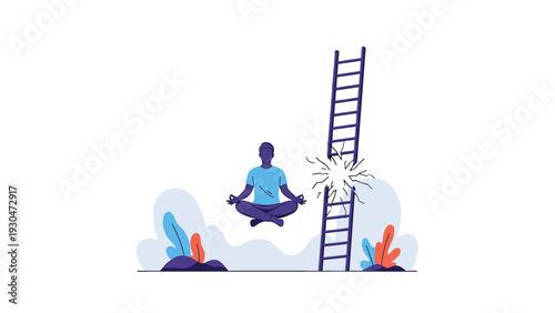 Calm man sitting in a meditative pose in the air next to a broken ladder representing mindfulness and unconventional career success.