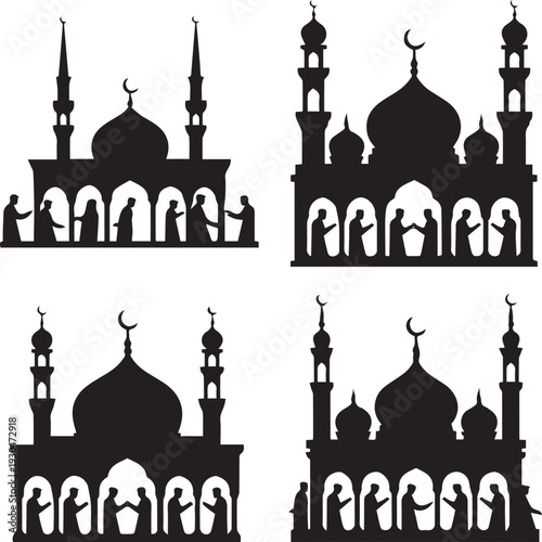  Create Mosque during Eid morning vector silhouette illustration design set collection, mosque eid morning silhouette, eid prayer mosque vector, eid morning prayer illustration, islamic eid worship si